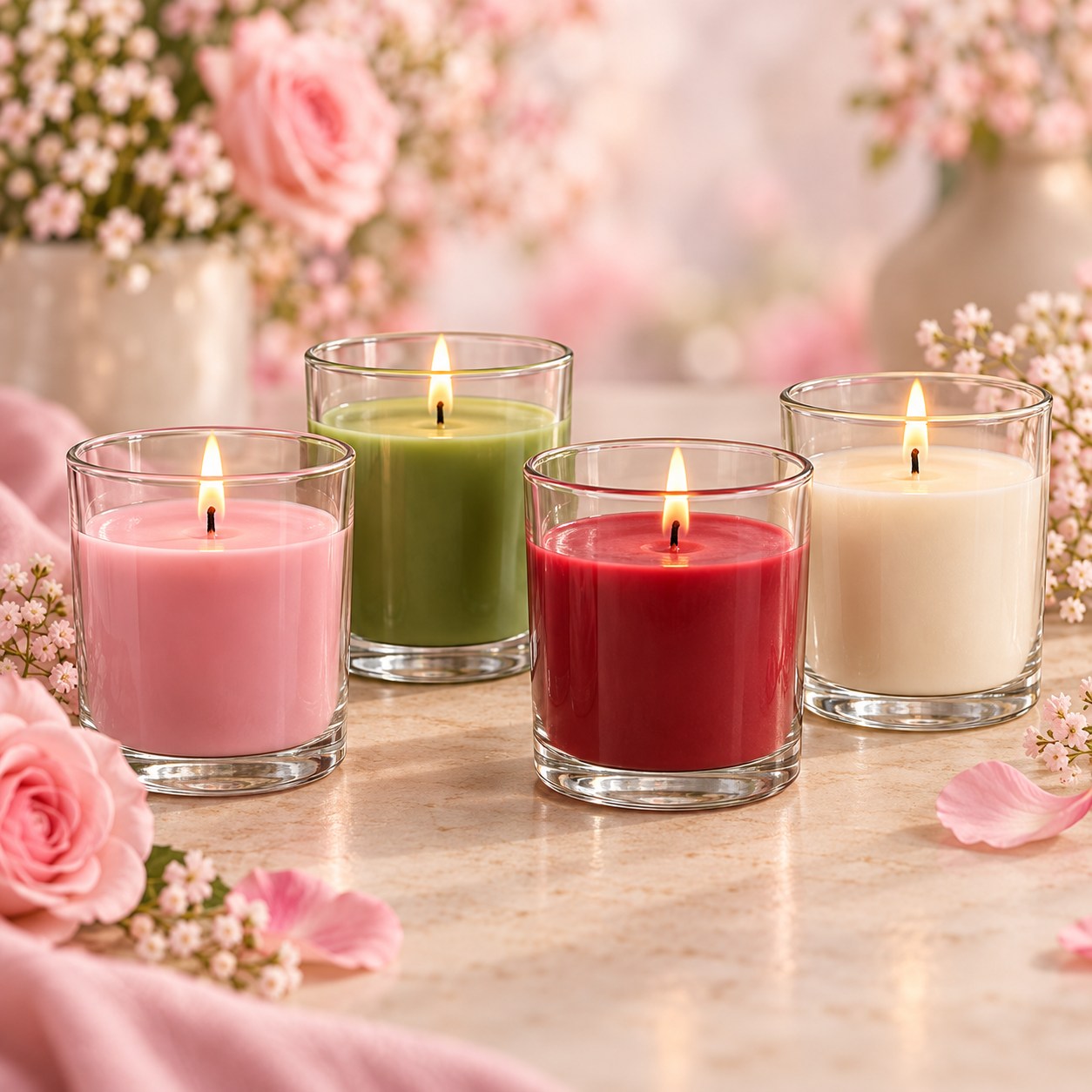 Sacred Dreams candles glowing among flowers